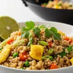 Colorful Thai cauliflower fried rice in a white bowl, topped with green onions, cilantro, and a lime wedge.