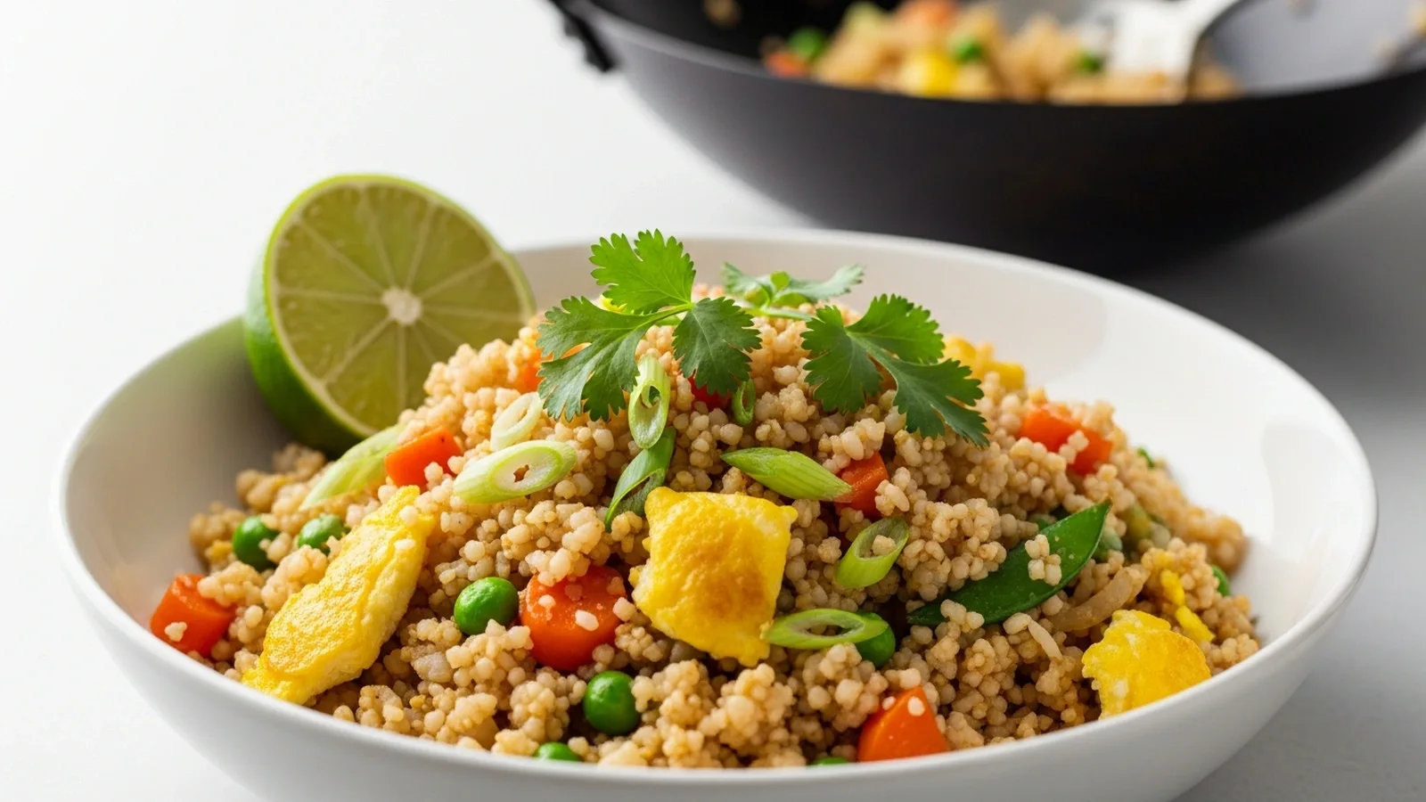 Colorful Thai cauliflower fried rice in a white bowl, topped with green onions, cilantro, and a lime wedge.