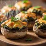 Golden-brown spinach artichoke stuffed mushrooms on a rustic wooden platter, garnished with fresh green parsley.