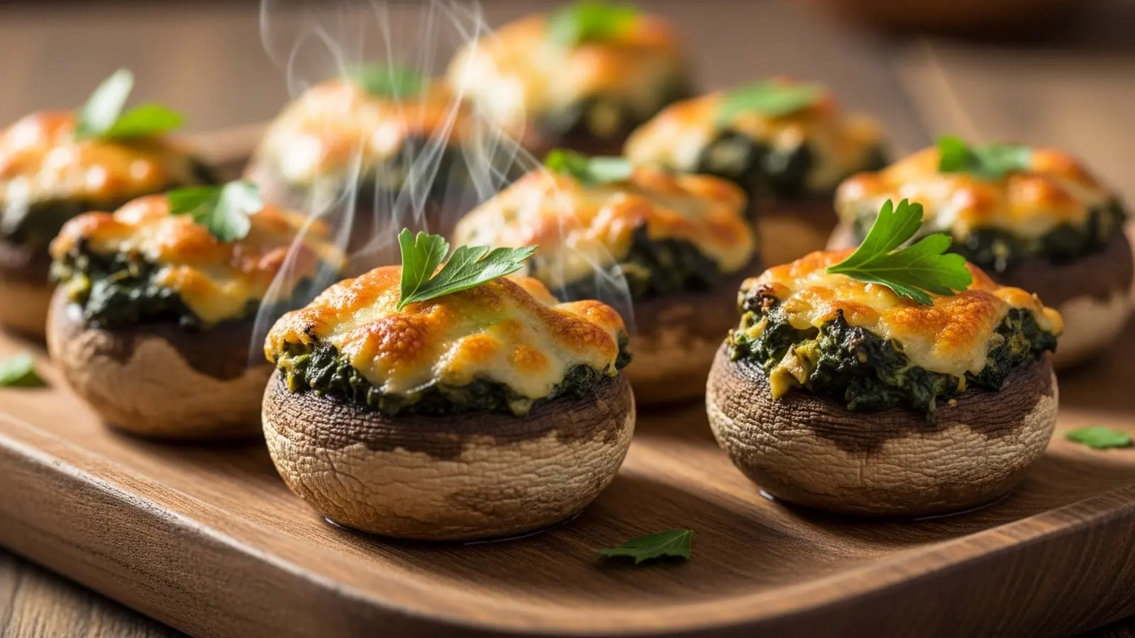 Golden-brown spinach artichoke stuffed mushrooms on a rustic wooden platter, garnished with fresh green parsley.