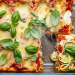 Baked vegetarian keto lasagna in a glass dish, with a slice removed, showing layers of cheese, sauce, and zucchini.