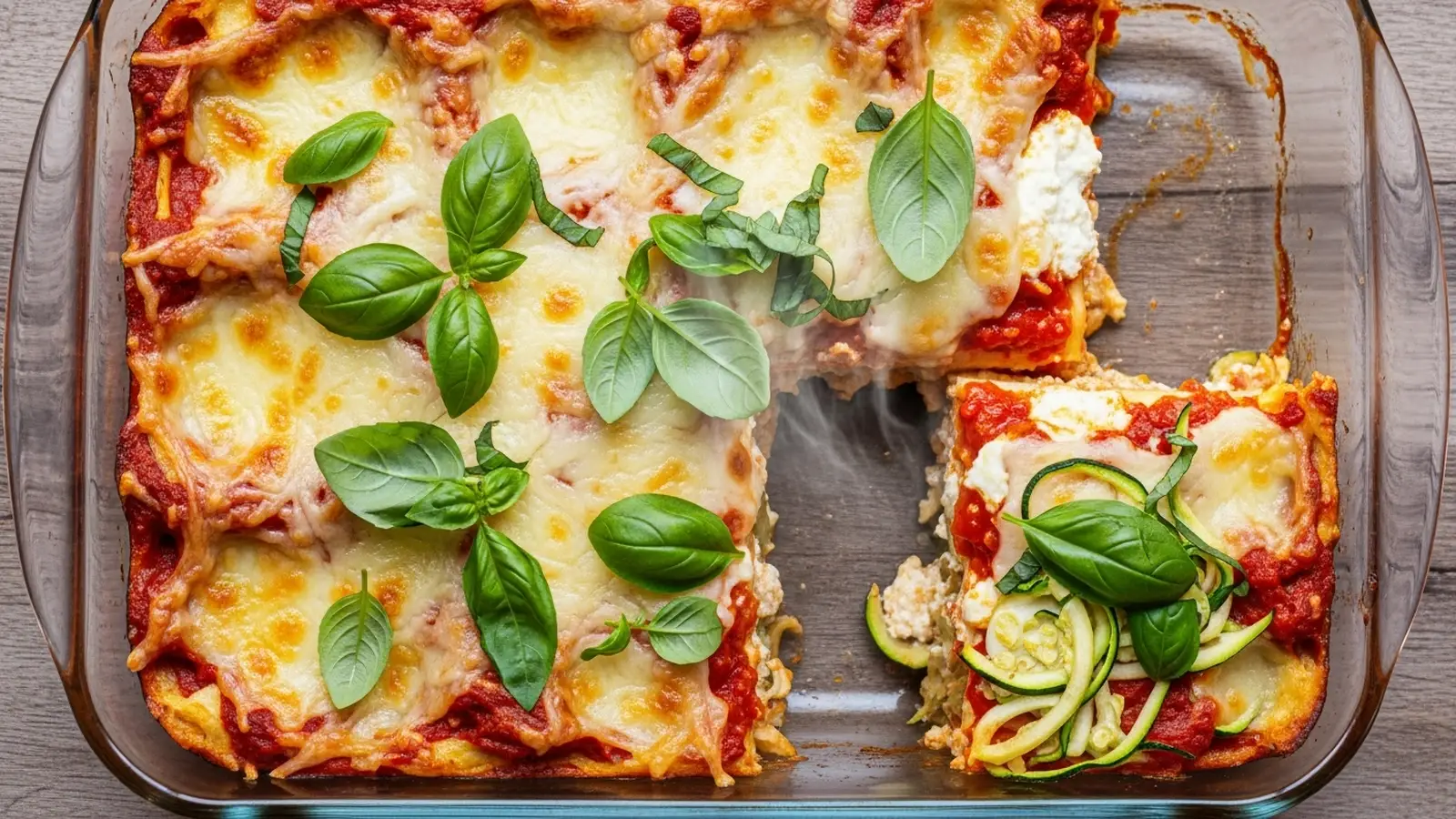 Baked vegetarian keto lasagna in a glass dish, with a slice removed, showing layers of cheese, sauce, and zucchini.