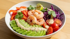 Colorful low-carb shrimp Buddha bowl with pink shrimp, green avocado, red bell pepper, purple cabbage, and creamy dressing.