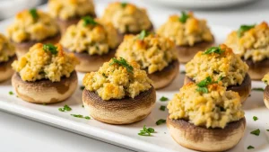 Golden brown crab stuffed mushrooms on a white oval platter, garnished with vibrant green chopped parsley, ready for serving.