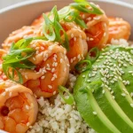 Vibrant firecracker sushi bowl with seared pink shrimp, creamy orange sauce, cauliflower rice, green onions, sesame seeds, and avocado.