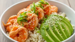 Vibrant firecracker sushi bowl with seared pink shrimp, creamy orange sauce, cauliflower rice, green onions, sesame seeds, and avocado.