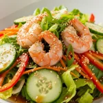 Vibrant ginger sesame shrimp salad in a white bowl, garnished with sesame seeds and green onions. Pink shrimp with mixed greens, carrots, cucumber, bell pepper.