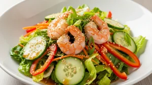 Vibrant ginger sesame shrimp salad in a white bowl, garnished with sesame seeds and green onions. Pink shrimp with mixed greens, carrots, cucumber, bell pepper.