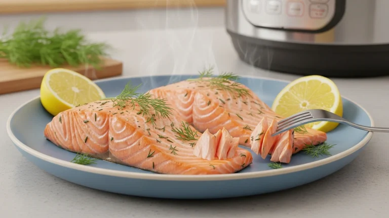 Two flaky, cooked salmon fillets on a light blue plate, garnished with fresh dill and bright lemon wedges.
