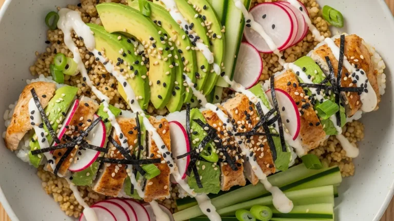 Beautifully arranged low-carb sushi bowl with seasoned cauliflower rice, seared chicken, avocado, cucumber, radishes, nori, spicy mayo, and sesame seeds on wood.