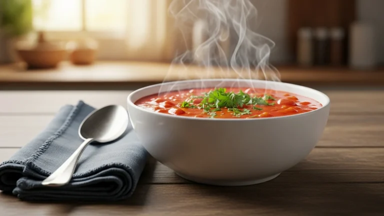 Steaming bowl of vibrant red Manhattan Clam Chowder with fresh parsley, on a rustic wooden table with a blue napkin and spoon.