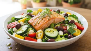 Large white bowl filled with vibrant Mediterranean salmon salad, showing flaky salmon, diced vegetables, olives, and feta.
