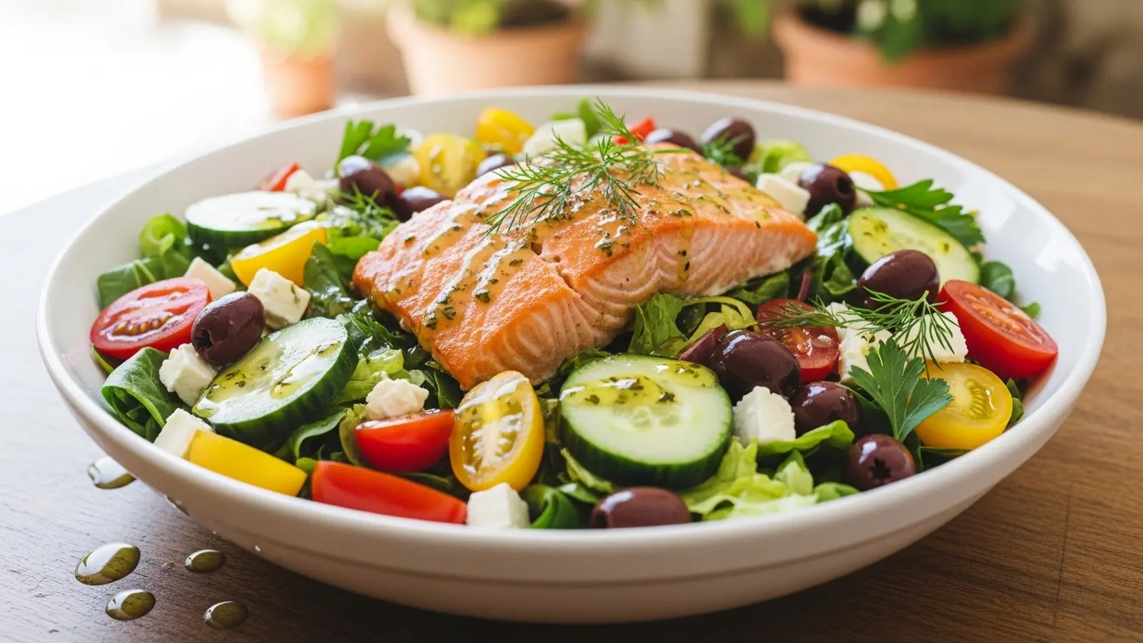 Large white bowl filled with vibrant Mediterranean salmon salad, showing flaky salmon, diced vegetables, olives, and feta.