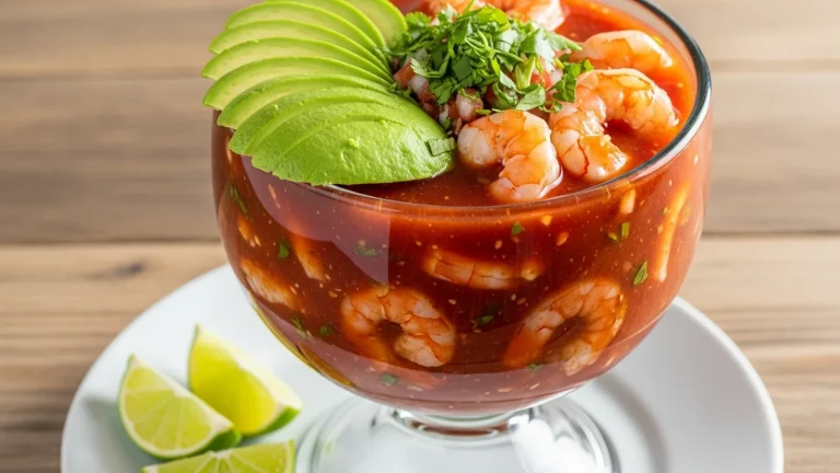 Large clear glass bowl of vibrant red Mexican shrimp cocktail with shrimp, diced vegetables, avocado, and cilantro