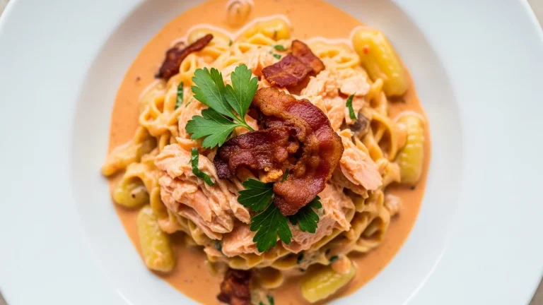 Creamy pinkish-orange salmon bacon vodka sauce in a white bowl, garnished with fresh parsley and crispy bacon pieces.