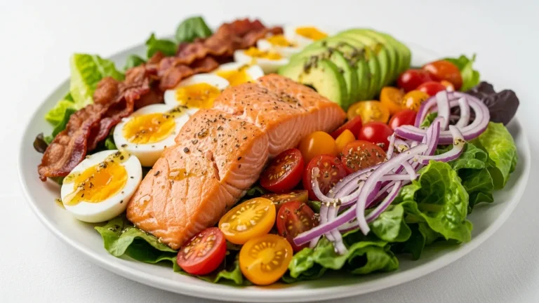 Vibrant Salmon Cobb Salad on a white plate, featuring flaky salmon, crispy bacon, hard-boiled eggs, avocado, tomatoes, red onion, and lettuce.