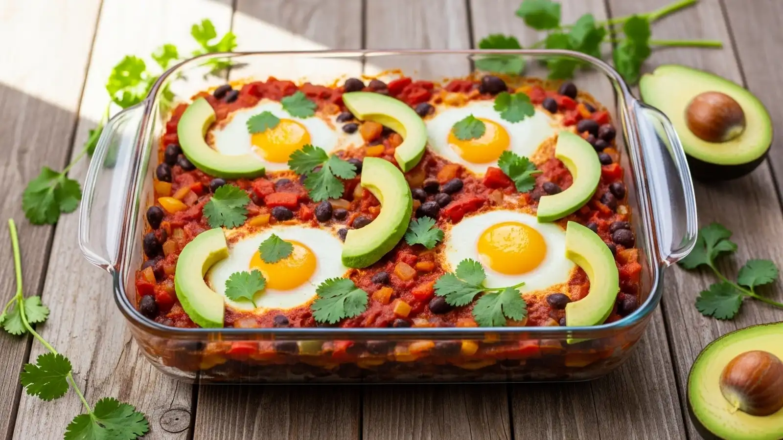 Baked huevos rancheros in a glass dish, topped with fresh green cilantro and diced avocado, on a warm wooden surface.