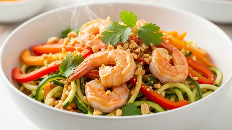 White ceramic bowl filled with pink shrimp, colorful bell peppers, and green zucchini noodles coated in peanut sauce, garnished with peanuts and cilantro.