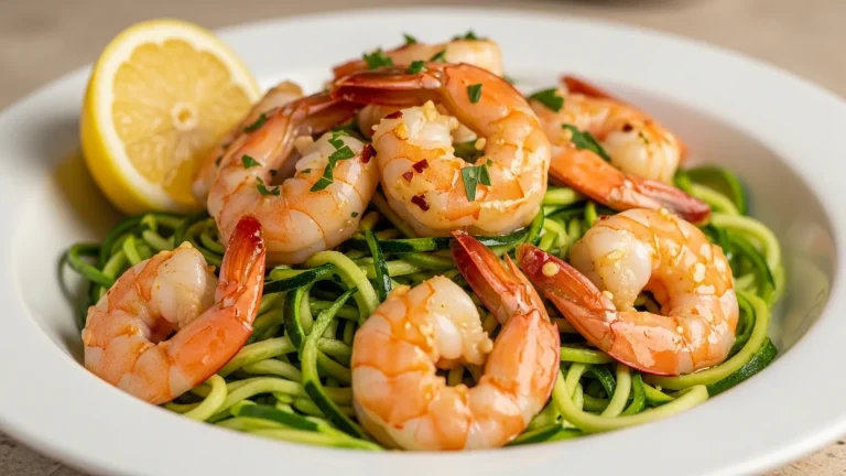 Keto shrimp scampi with pink shrimp, green parsley, and red pepper flakes over zucchini noodles in a white bowl with a lemon wedge.
