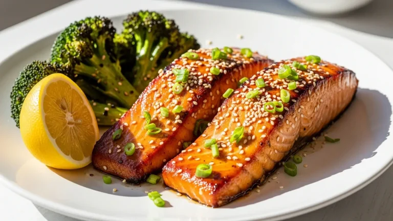 Two glistening teriyaki salmon fillets garnished with sesame seeds and green onions, served with roasted broccoli and a lemon