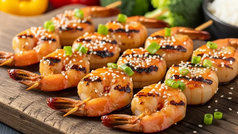 Golden-brown teriyaki shrimp skewers with char marks on a rustic wooden board, garnished with sesame seeds and green onions.