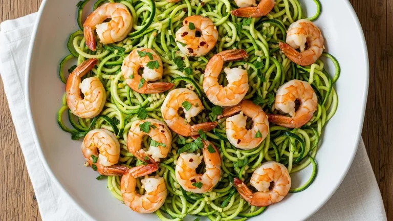 Overhead view of a large bowl of green zucchini noodles with pink shrimp and garlic-lemon sauce, garnished with parsley.