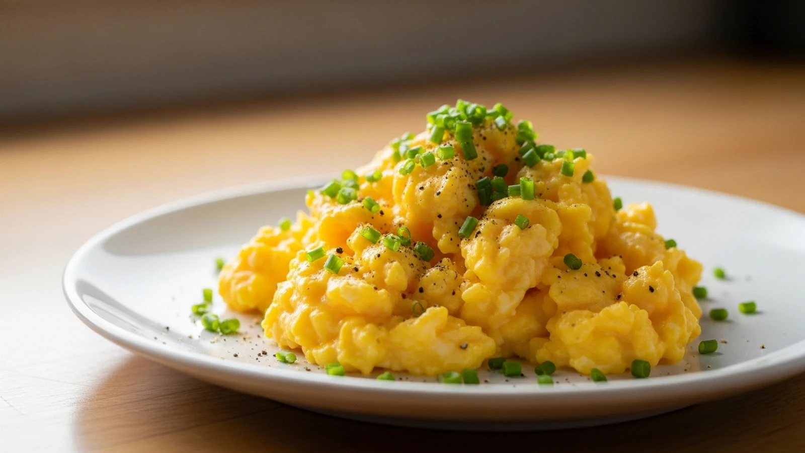 Fluffy, bright yellow scrambled eggs on a white plate, garnished with chives and pepper, on a kitchen counter