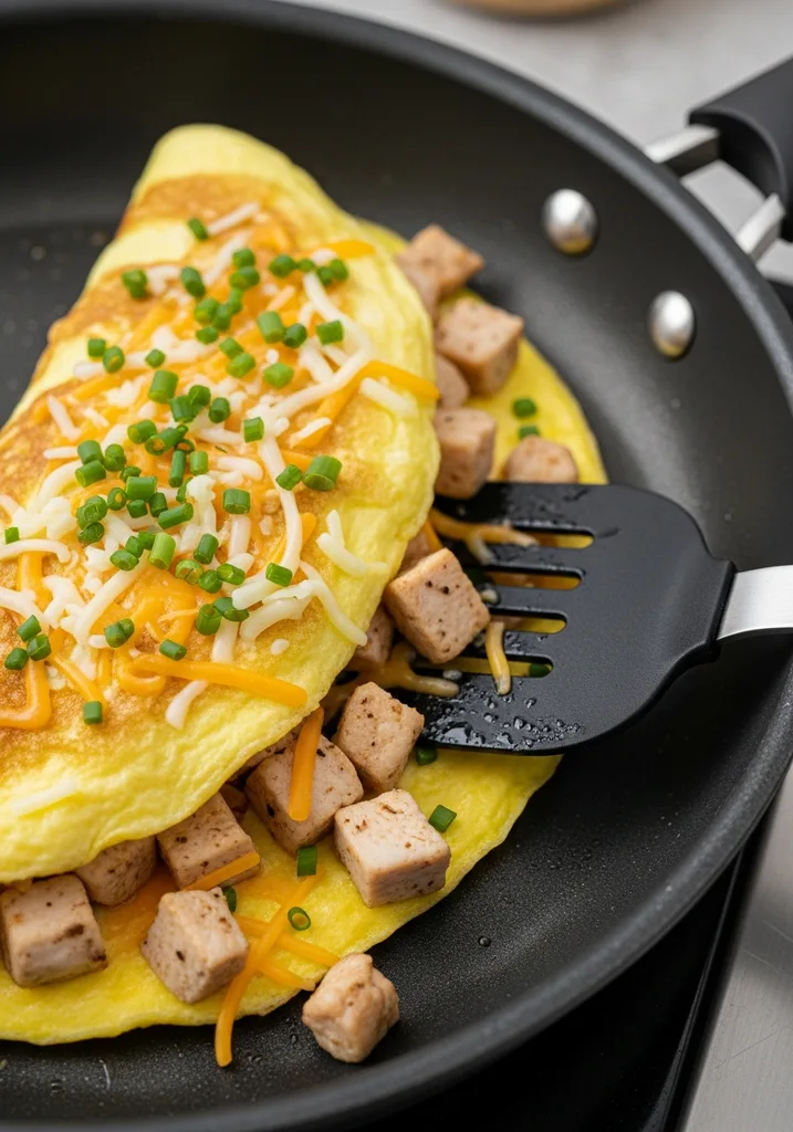 Half of an omelette filled with cooked chicken, shredded cheese, and chives, ready to be folded in a skillet.