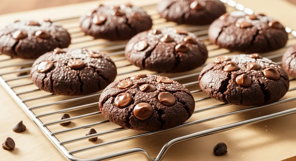 Dense, fudgy golden flourless cookies with chocolate chips & coconut on a white plate.