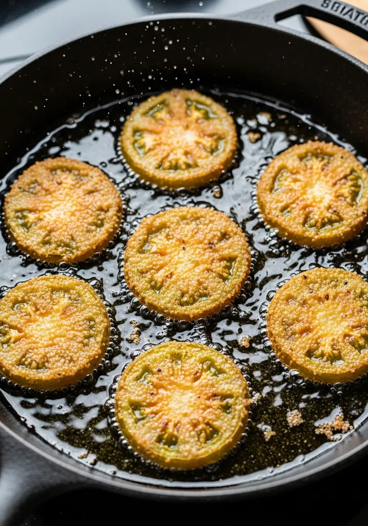 Golden-brown keto fried green tomato slices sizzling in hot oil in a black cast iron skillet.