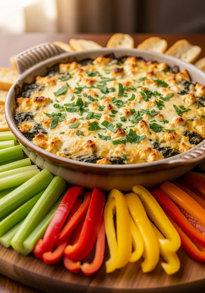 Warm feta spinach artichoke dip in a ceramic dish, garnished with parsley, with celery and bell pepper dippers.