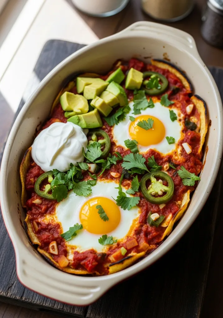 Baked huevos rancheros in a glass baking dish, topped with fresh green cilantro, diced avocado, and a dollop of white sour cream.