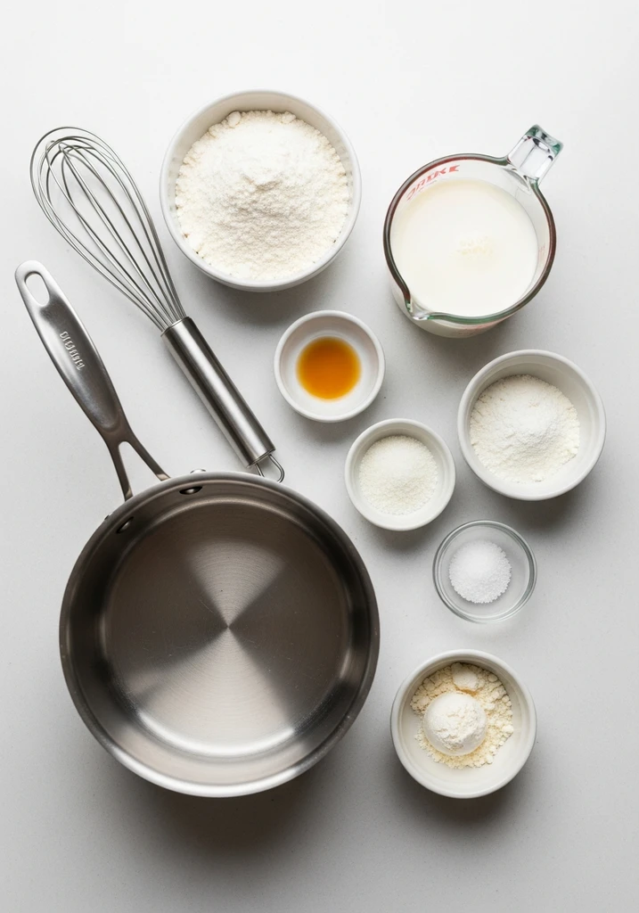 Ingredients for coconut flour porridge: coconut flour, almond milk, sweetener, vanilla, salt, collagen, saucepan, whisk.