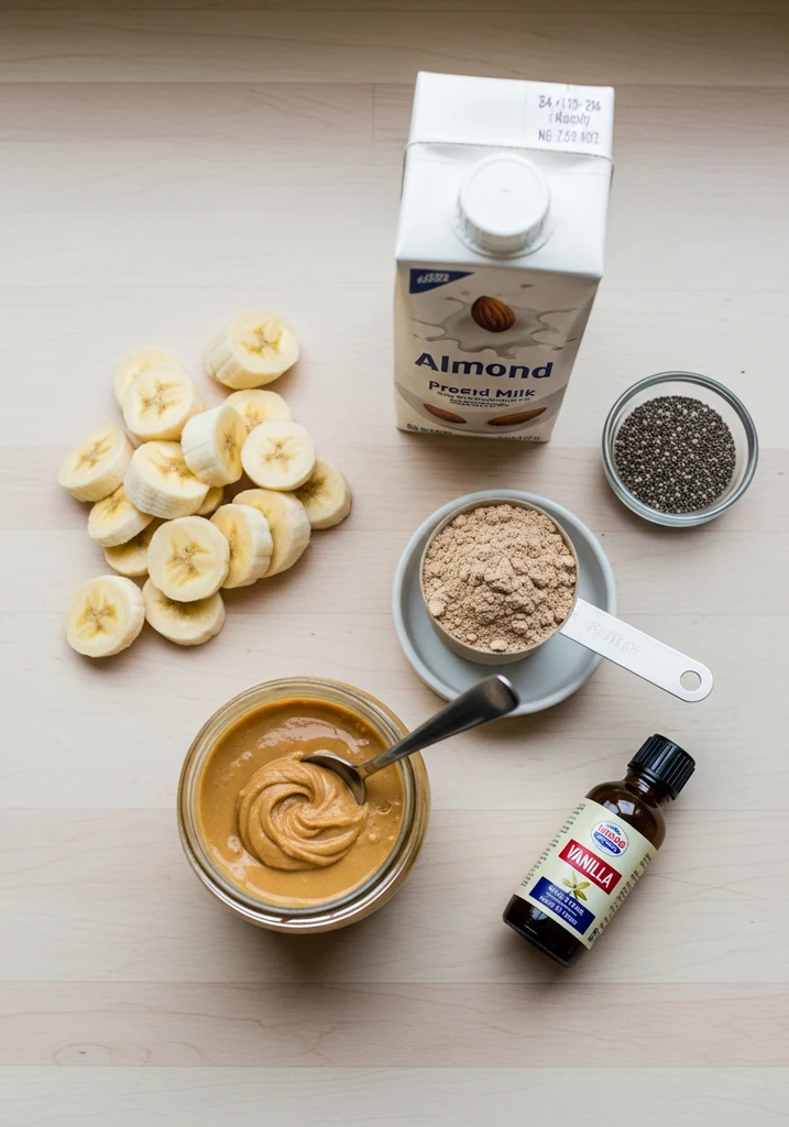 Frozen banana slices, peanut butter jar, protein powder, almond milk, chia seeds, and vanilla extract on a light counter.