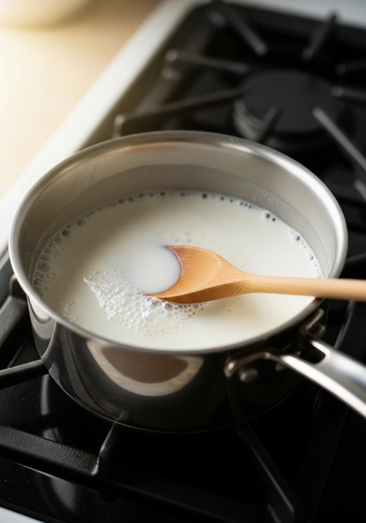 White full-fat coconut milk gently simmering in a small silver saucepan on a stovetop, small bubbles at edges.