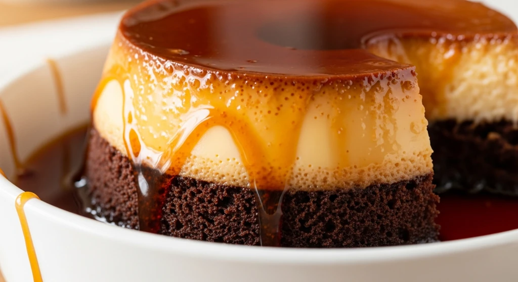 Slice of layered keto chocolate flan showing glossy brown flan top & rich dark cake base on a simple white plate.