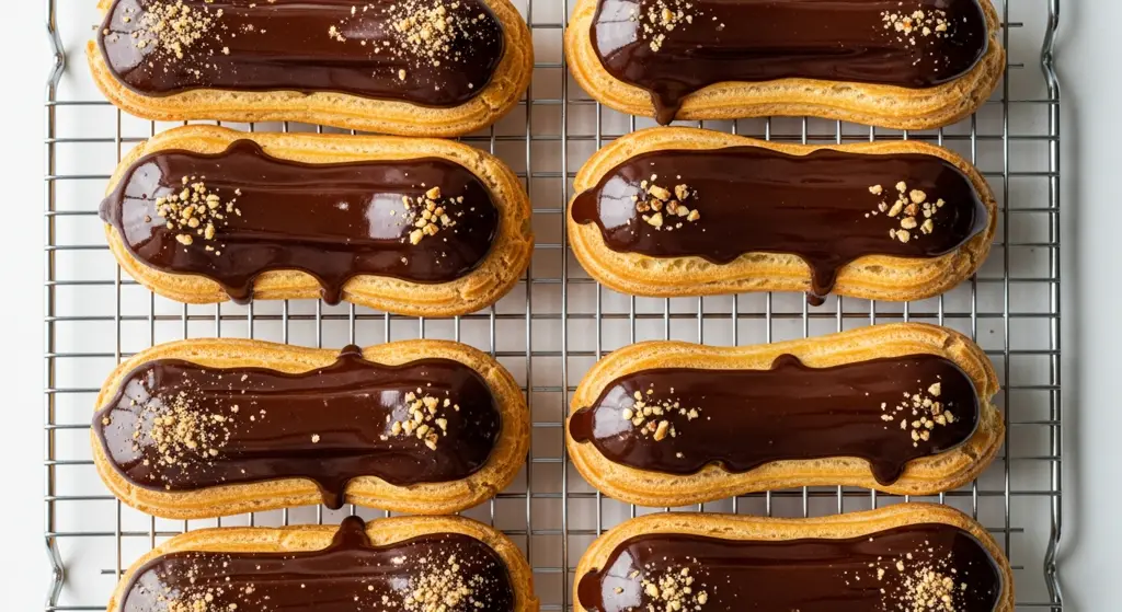 Golden brown keto eclairs with dark chocolate ganache glaze & rich chocolate cream filling.