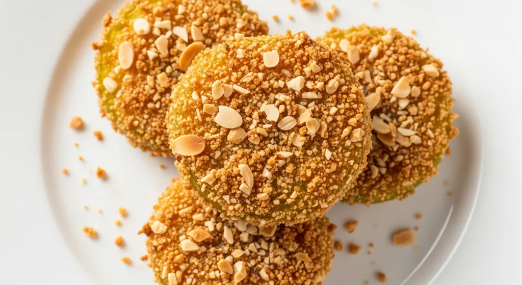 Golden-brown crispy keto fried green tomatoes, thick slices with almond flour crust, on a white serving plate.