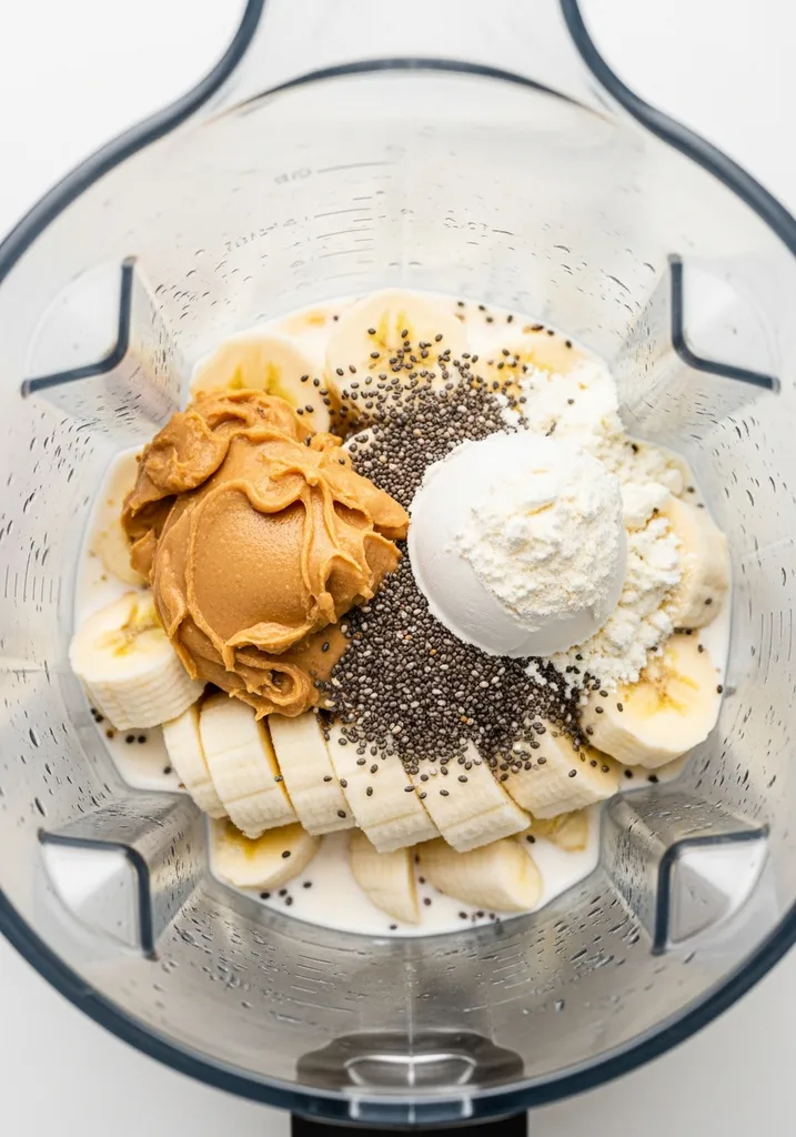 Blender pitcher with almond milk, layered with frozen banana, peanut butter, vanilla protein powder, and chia seeds.