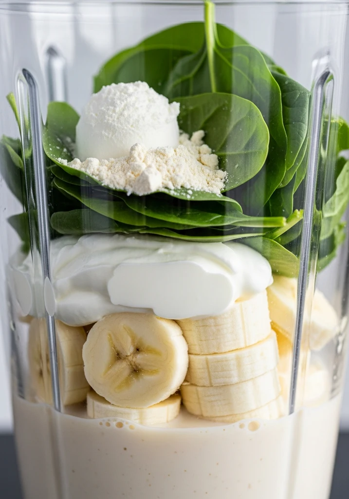 Almond milk, banana, Greek yogurt, protein powder, and spinach layered correctly inside a blender jar.