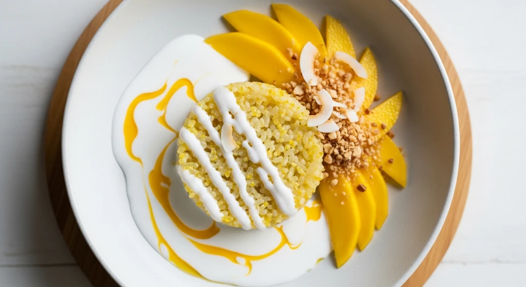 Creamy low carb mango sticky rice featuring coconut cauliflower rice and vibrant sliced mango in a white bowl.