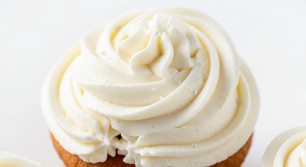 Fluffy white whipped low carb sugar-free cream cheese frosting, piped in a perfect, firm swirl.