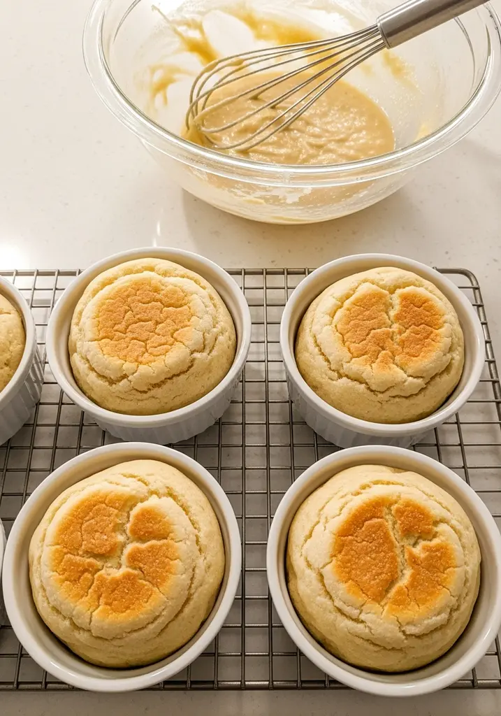 Four golden-brown keto English muffin buns in white ramekins, cooling on a rack, with whisked batter nearby.