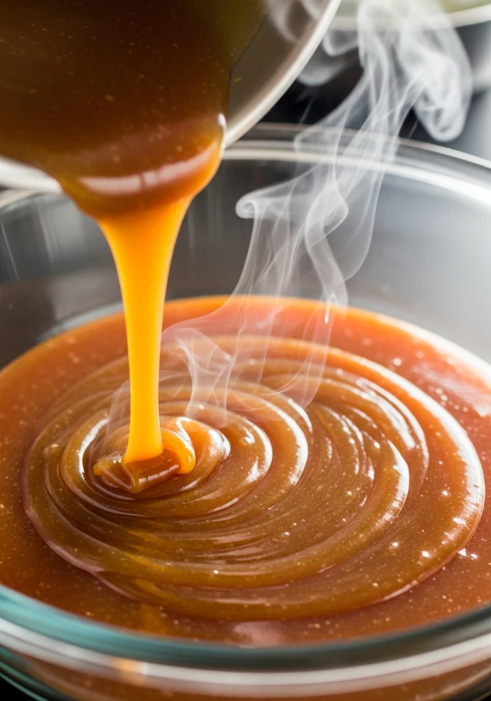 Amber keto caramel sauce poured into an 8-inch round glass baking dish, swirling to coat the bottom, with light steam.