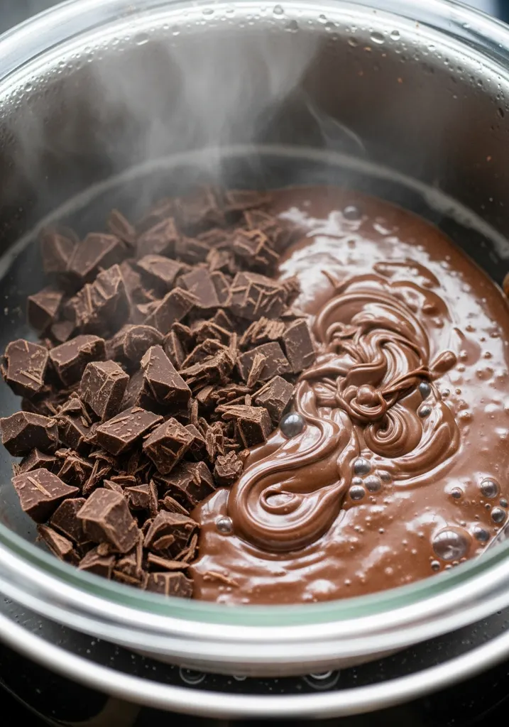 Chopped dark sugar-free chocolate melting in a glass bowl over steaming water in a double boiler, half-melted and glossy.