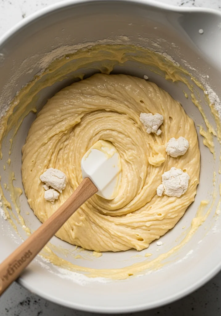 A spatula gently folds thick, pale yellow pancake batter with small lumps in a large mixing bowl.