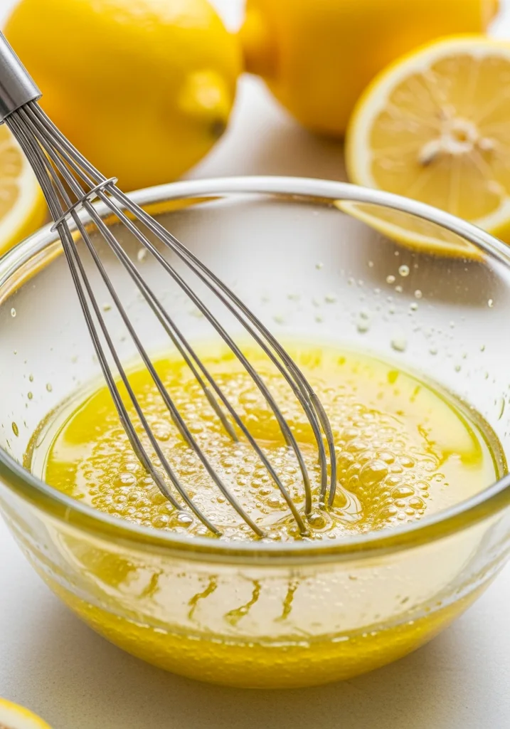 Whisk in a small glass bowl mixing olive oil, lemon juice, salt, and pepper for the dressing.