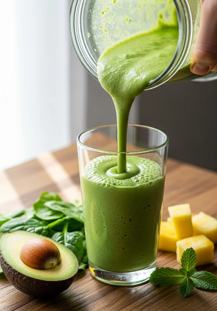 Smooth, vibrant green goddess smoothie being poured from a blender into a tall, clear glass.