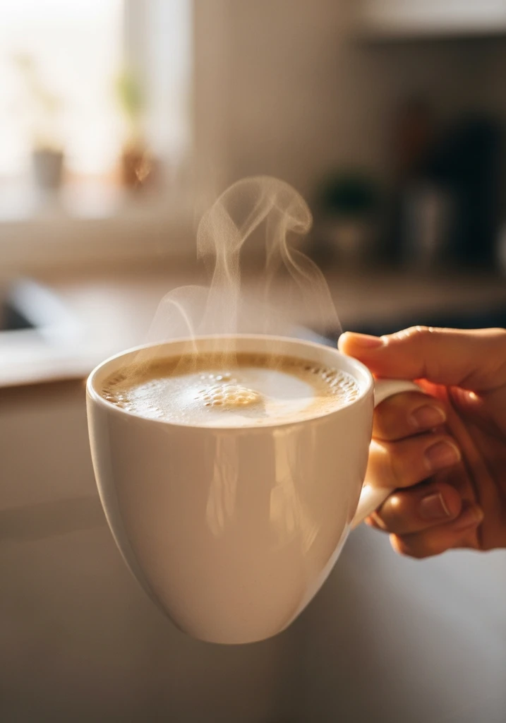 Hand holding white ceramic mug filled with creamy keto coffee, steam gently rising, blurred kitchen background, cozy morning light.