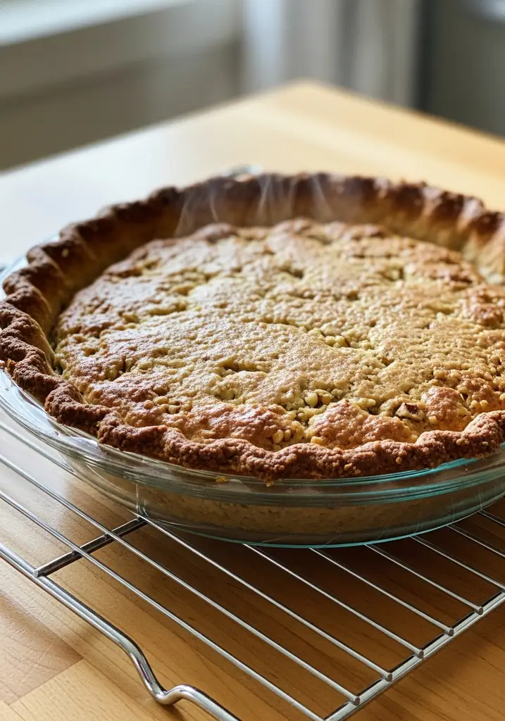 Golden-brown low carb walnut pie crust in a clear glass pie plate, cooling on a metal wire rack.